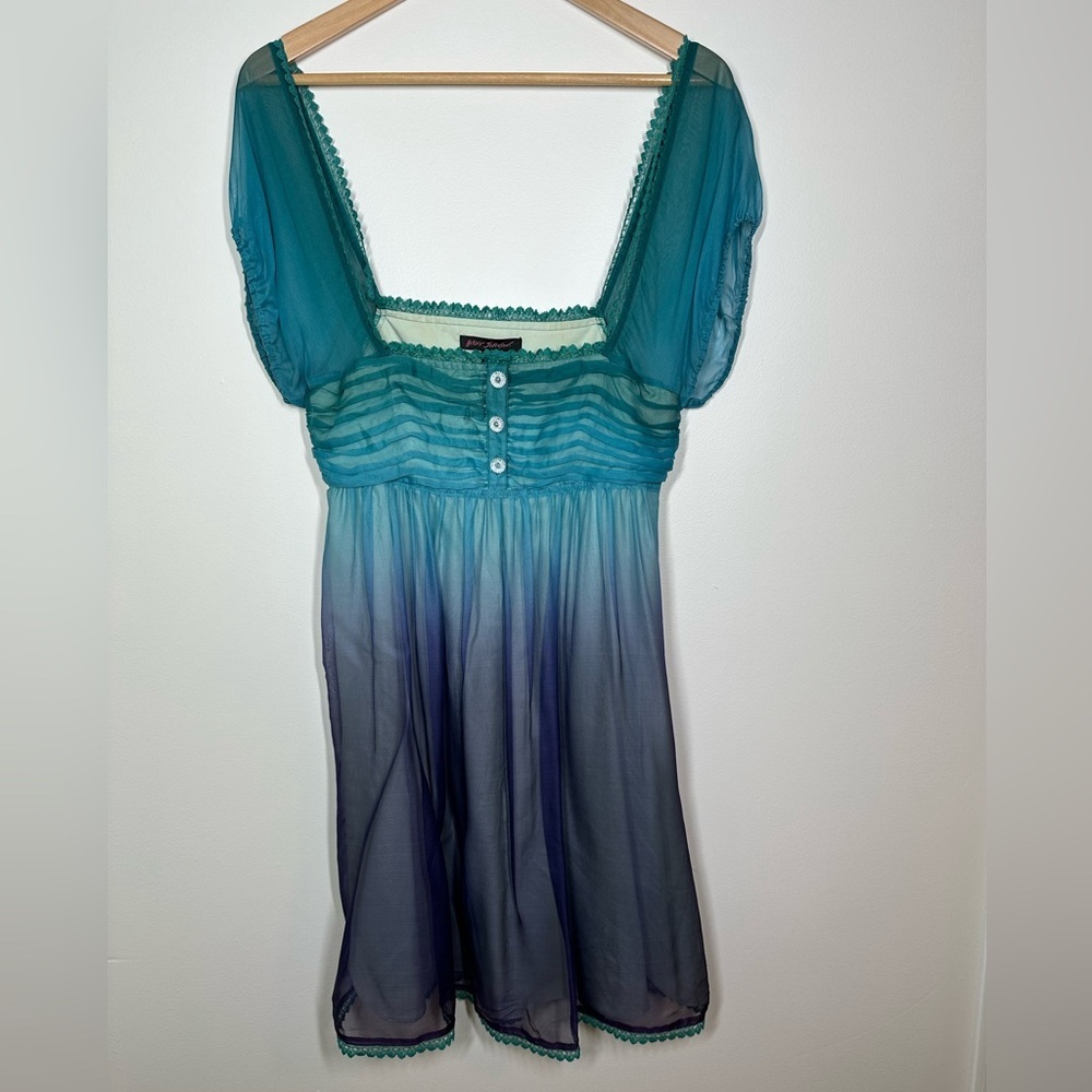 Betsey Johnson 100%‎ Silk Teal and Purple Ombré Babydoll Dress Size 0